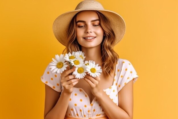 A beautiful young woman in a straw hat holding a bunch of daisies