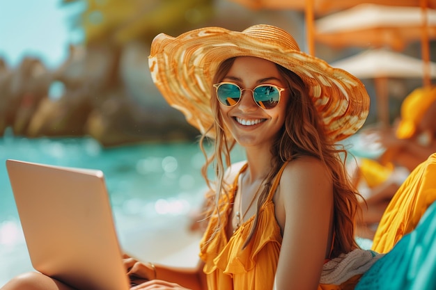 ストローハットとサングラスを着た美しい若い女性がビーチに座ってラップトップを使用しています