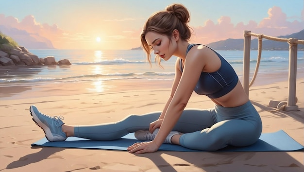 Красивая молодая женщина растягивается на спортивной коврике на берегу моря на рассвете