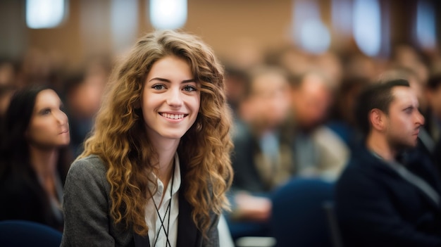 Photo beautiful young woman student participating in a student conference