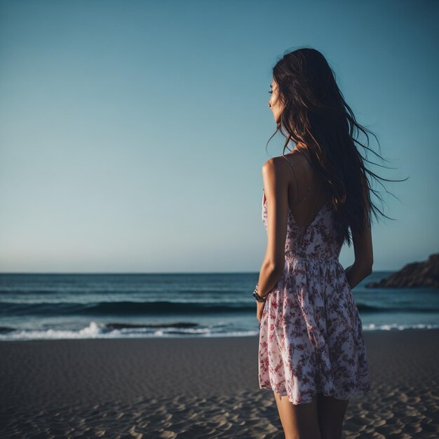 Красивая молодая женщина в летнем платье на пляже на закате