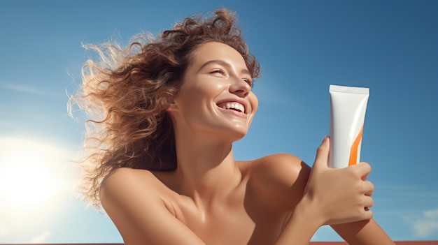 A beautiful young woman on a sunny beach holding sunscreen against blue sky Created with Generative AI technology