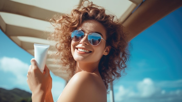 A beautiful young woman on a sunny beach holding sunscreen Created with Generative AI technology