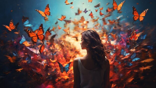 Beautiful young woman surrounded by butterflies Dreams concept