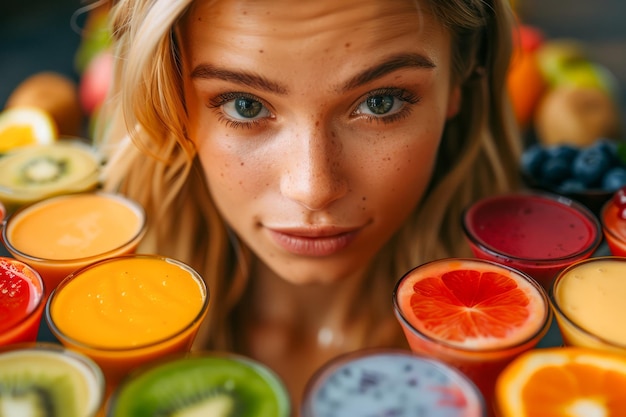 Фото Красивая молодая женщина, окруженная красочным ассортиментом свежих фруктовых коктейлей