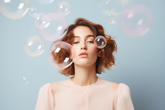 Beautiful young woman surrounded by soap bubbles Concept of dreaming thinking worries and problems lightheartedness Mental health psychology inner world shyness alone