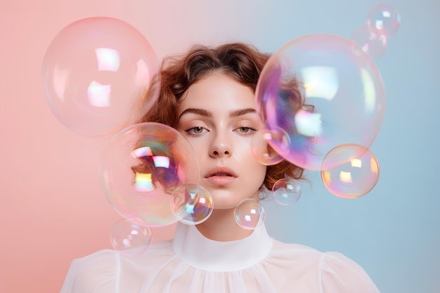 Beautiful young woman surrounded by soap bubbles Concept of dreaming thinking worries and problems lightheartedness Mental health psychology inner world shyness alone