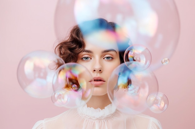 Beautiful young woman surrounded by soap bubbles Concept of dreaming thinking worries and problems lightheartedness Mental health psychology inner world shyness alone