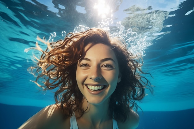 Beautiful young woman swimming underwater in the pool smiling at the camera Generative AI