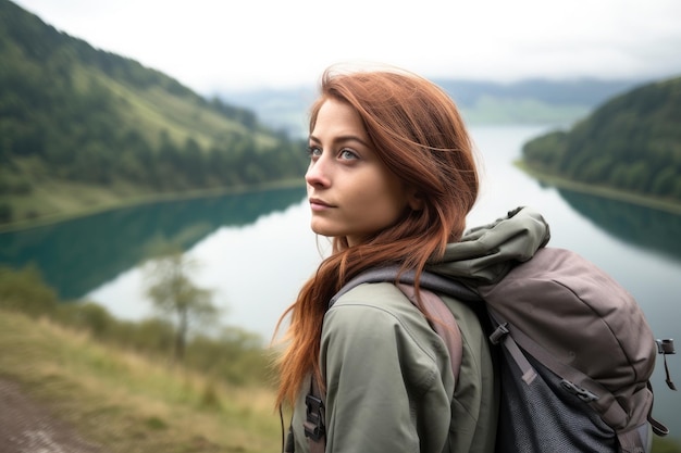 A beautiful young woman taking a moment to enjoy the scenery while hiking created with generative ai