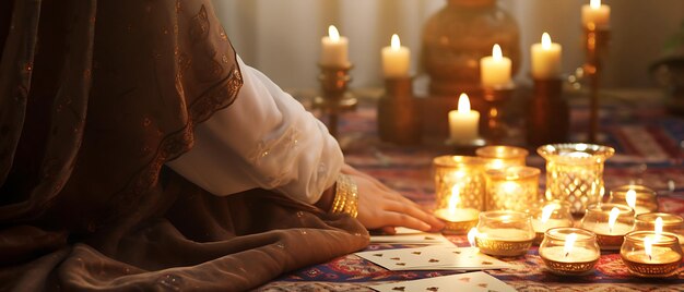 beautiful young woman tarot fortune teller with tarot card