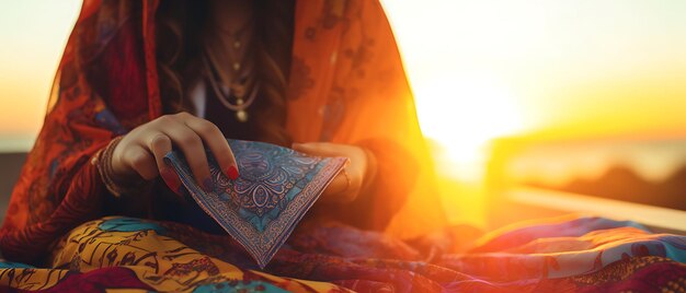 Photo beautiful young woman tarot fortune teller with tarot card