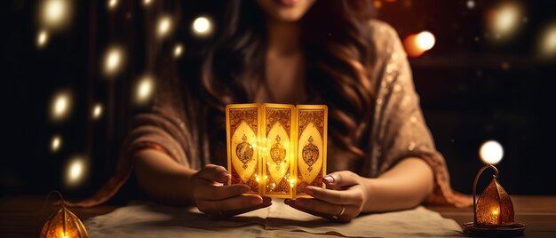 beautiful young woman tarot fortune teller with tarot card