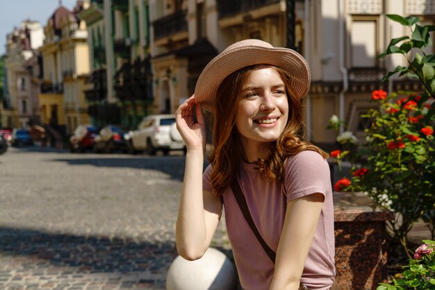 Beautiful Young Woman tourist Pleasant walk in the City Center.