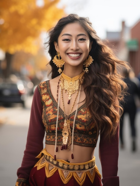 A beautiful young woman in a traditional indian outfit smiles for the camera