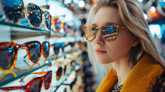 Foto bella giovane donna che si mette gli occhiali da sole in un negozio di ottica
