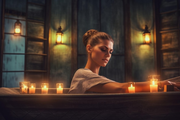 Beautiful young woman undergoing treatment with hot stones and candles in spa salon