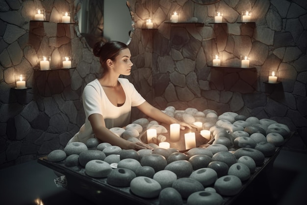 Beautiful young woman undergoing treatment with hot stones and candles in spa salon