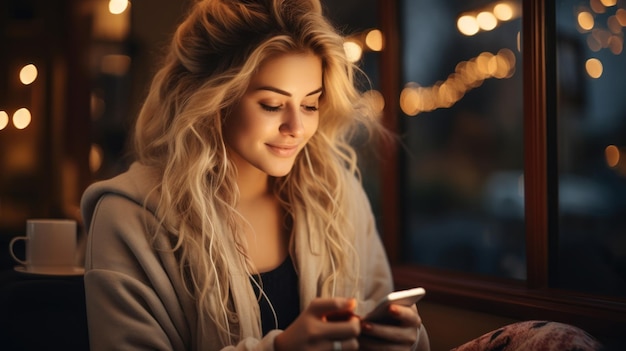 Beautiful young woman using mobile phone in cafe Blonde girl using smartphone