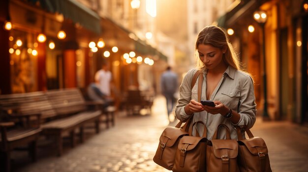 Beautiful young woman using mobile phone in shopping mall closeupgenerative ai