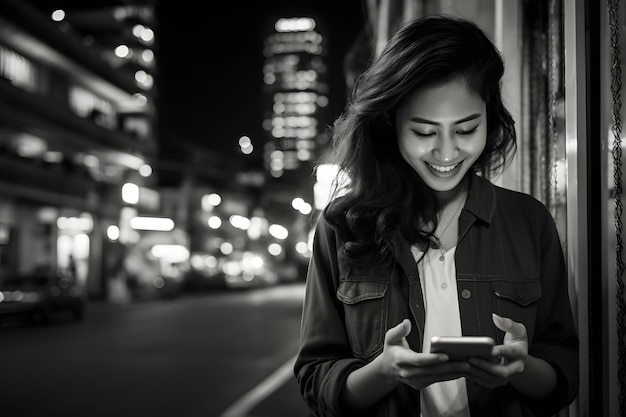 Beautiful Young Woman Using Smartphone Walking City Street Smiling student girl