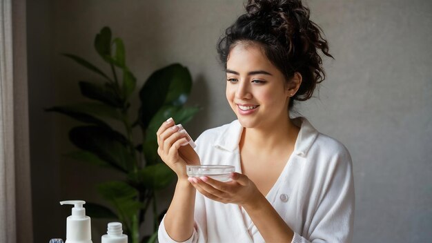 Beautiful young woman using spa products at home