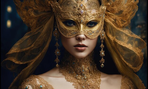 ヴェネツィアのマスクを着た美しい若い女性が仮面舞踏会で