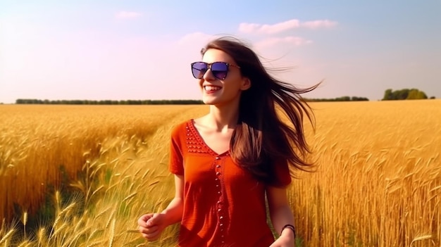 Beautiful young woman walking in field with sunrise