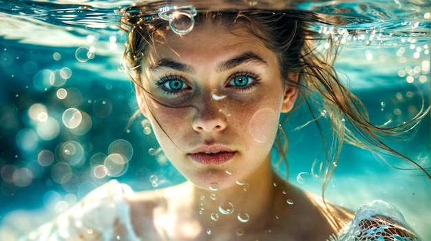 beautiful young woman under water with bubbles on her head and blue eyes