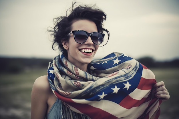 미국 국기 스카프를 착용하는 아름 다운 젊은 여자
