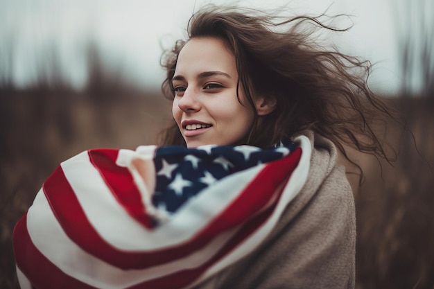 Beautiful young woman wearing a american flag scarf