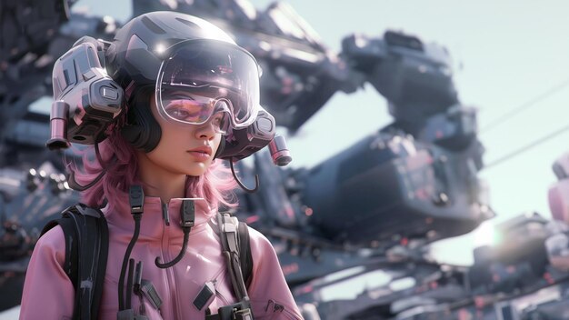 Photo beautiful young woman wearing an aviator helmet and glasses 3d rendering of a cyborg woman