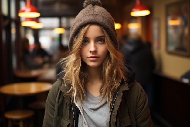 a beautiful young woman wearing a beanie in a restaurant