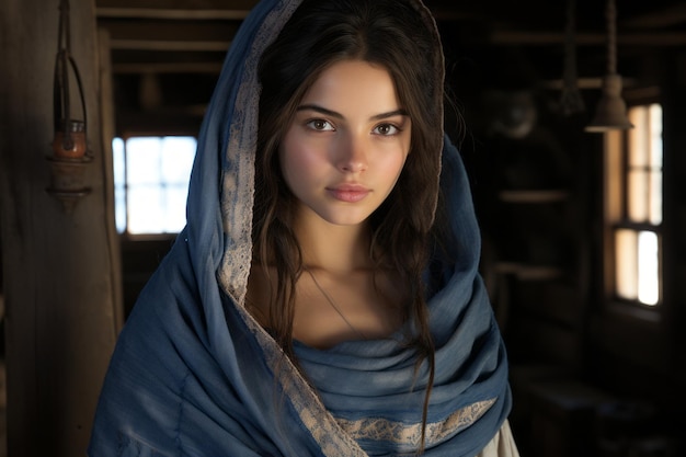 a beautiful young woman wearing a blue shawl