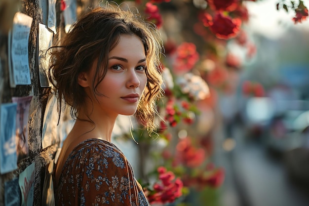 Beautiful young woman wearing dress and walking on street in spring