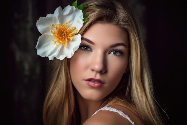 A beautiful young woman wearing a flower in her hair