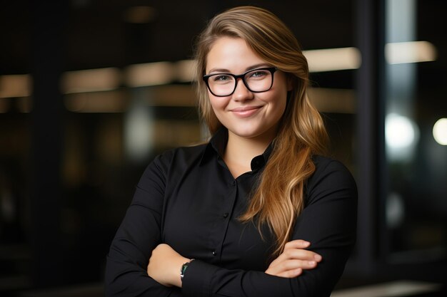 a beautiful young woman wearing glasses and a black shirt