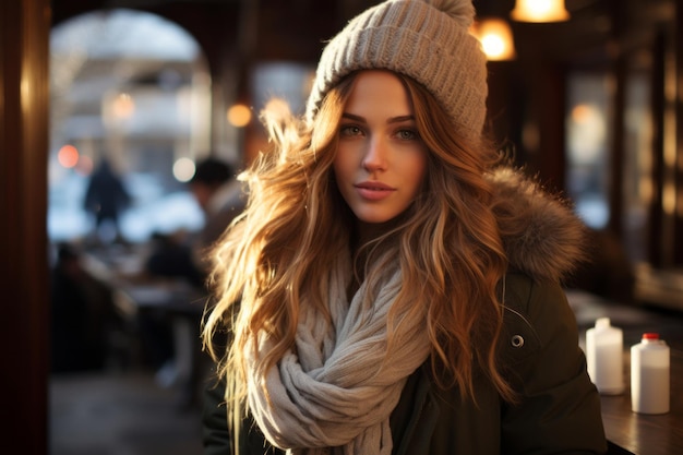 a beautiful young woman wearing a hat and scarf