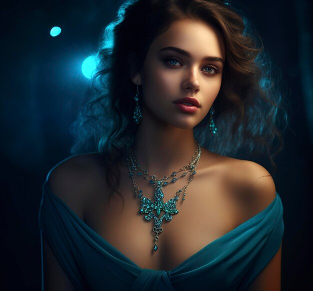 A beautiful young woman wearing jewelry on her neck