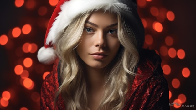 beautiful young woman wearing santa hat