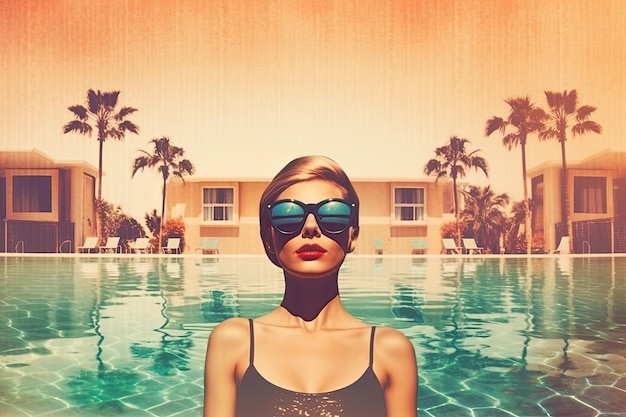 선글라스를 착용하고 수영장에서 수영하는 아름다운 젊은 여성 복고풍 인쇄 효과 Generative AI