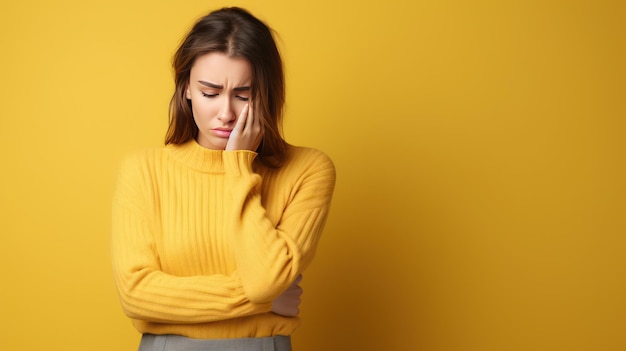 Beautiful young woman wearing sweater being unhappy sad isolated on yellow color background