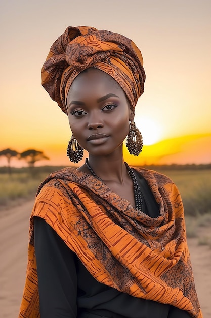해가 지는 동안 전통적인 아프리카 머리 <unk>을 입은 아름다운 젊은 여성