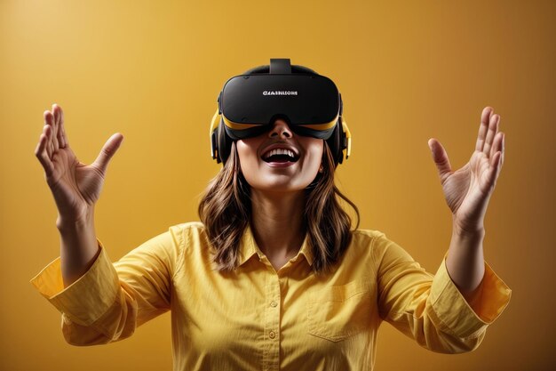 Beautiful young woman wearing virtual reality goggles against a yellow background