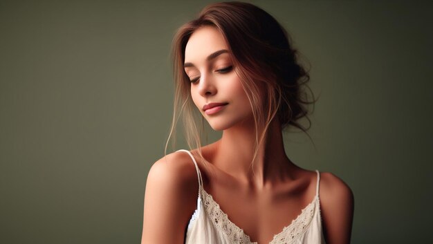 Beautiful young woman in white dress on green background