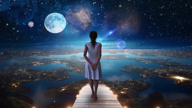 красивая молодая женщина в белом платье остается на земле и смотрит звездное небо луна планета сюрреализм
