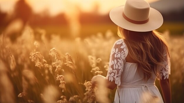 Beautiful young woman in white dress walking in field of wheat at sunset