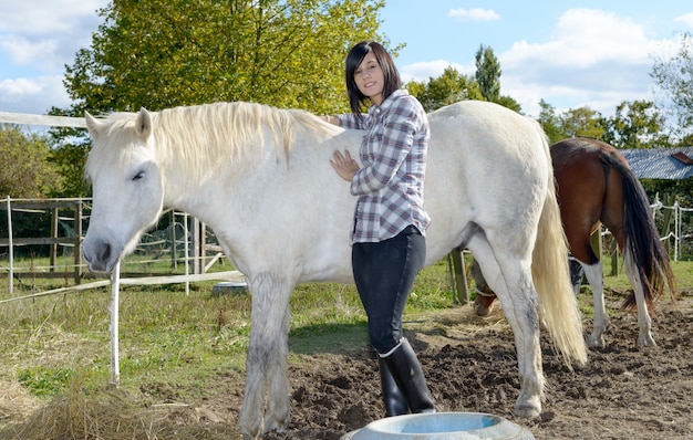 Beautiful young woman and white horse