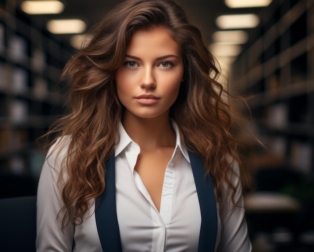beautiful young woman in white shirt and tie standing in an office with bookshelves in background