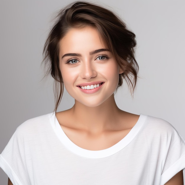 A beautiful young woman in white tshirt smiling